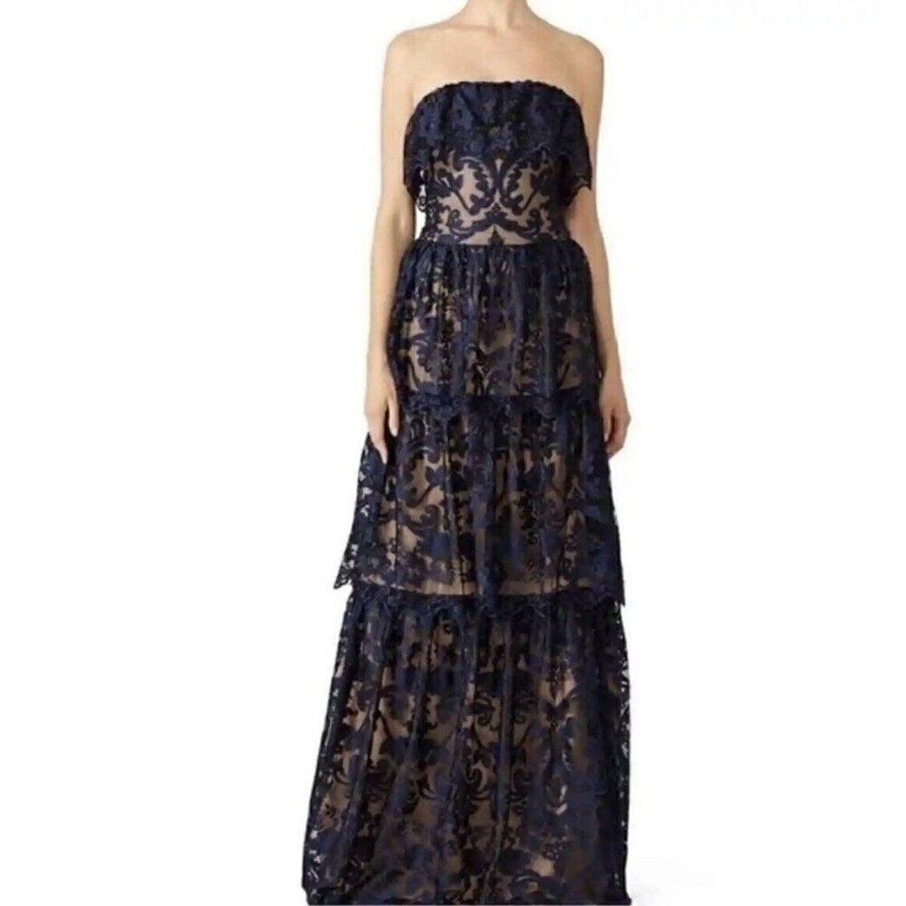 ML Monique Lhuillier Midnight Lace Strapless Tiered Evening Gown Formal Dress 14